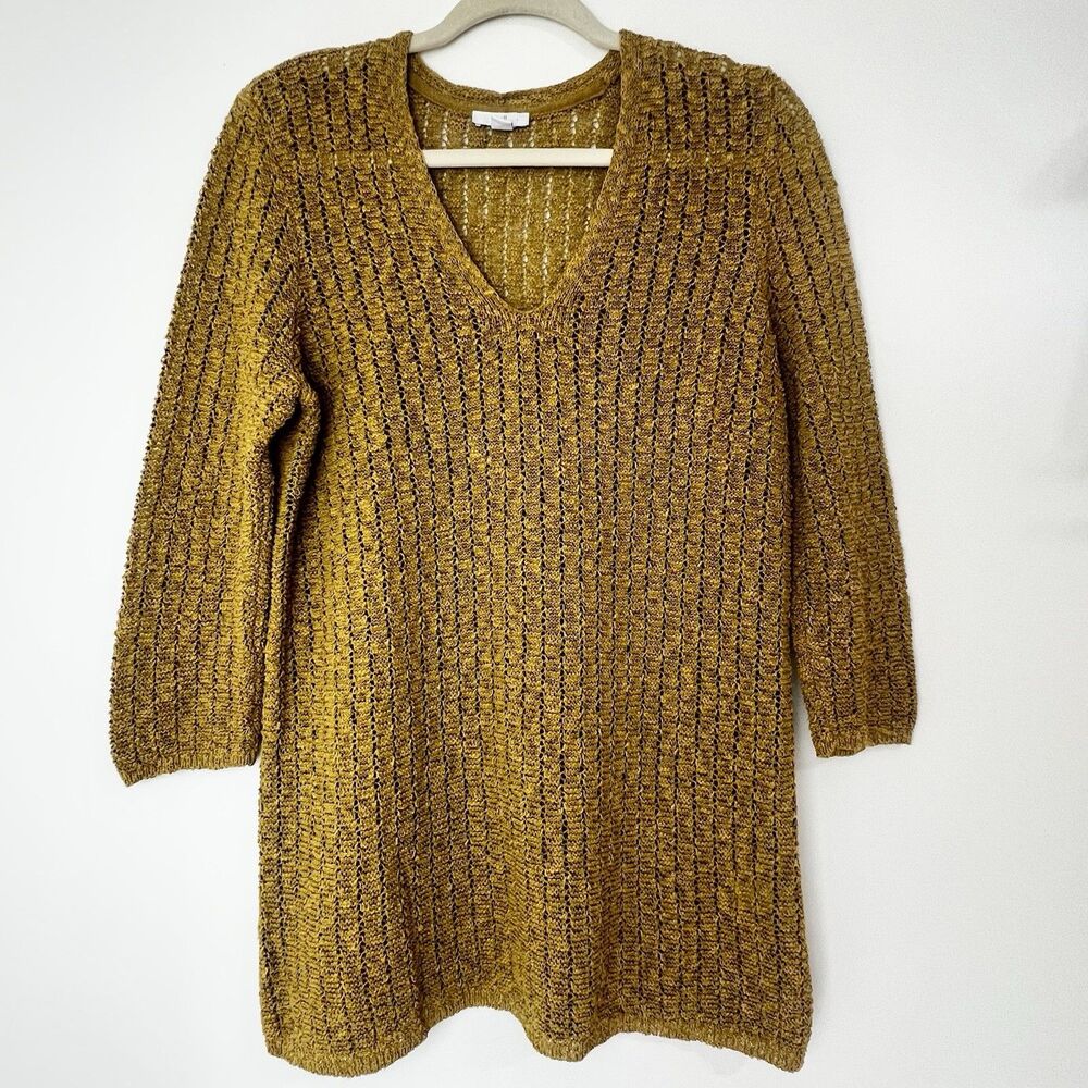 J. Jill Gilded Coin Mustard Yellow Open Knit Sweater Women’s M Petite - Picture 2 of 11
